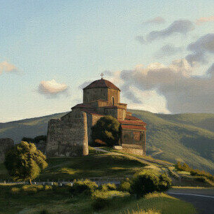 Ночной вид на подсвеченный храм Джвари на вершине горы над Мцхетой