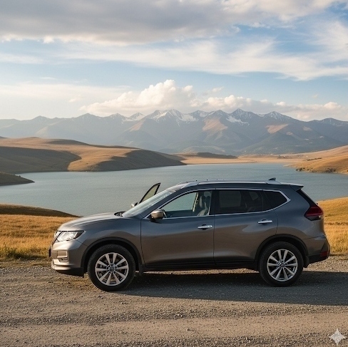 Внедорожник на берегу высокогорного озера Табацкури в Бакуриани, Грузия