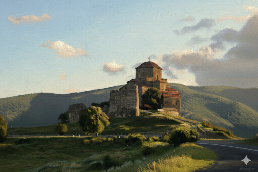 Ночной вид на подсвеченный храм Джвари на вершине горы над Мцхетой