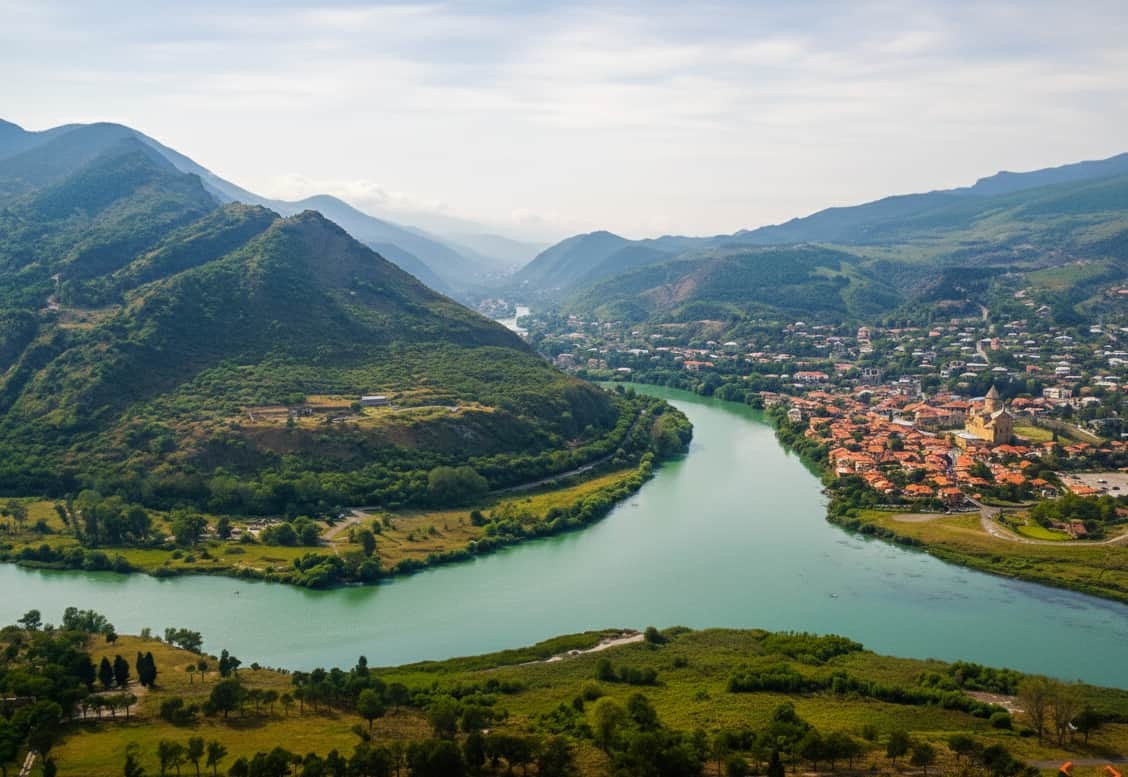 Панорамный вид на слияние рек Арагви и Куры со смотровой площадки храма Джвари